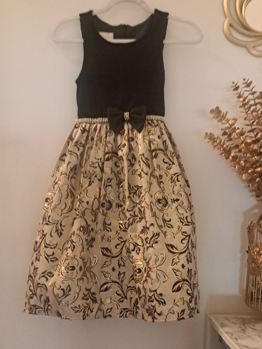 American Princess Black and Gold Brocade Holiday Dress with Bow